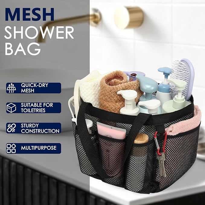 GYEUKHAM Large Mesh Shower Caddy Portable with 8-Pocket for College Dorm Room Essentials,Quick-Dry Handing Shower Basket Tote Bag for Toiletry, Bathroom,Beach,Camp,Gym,Black