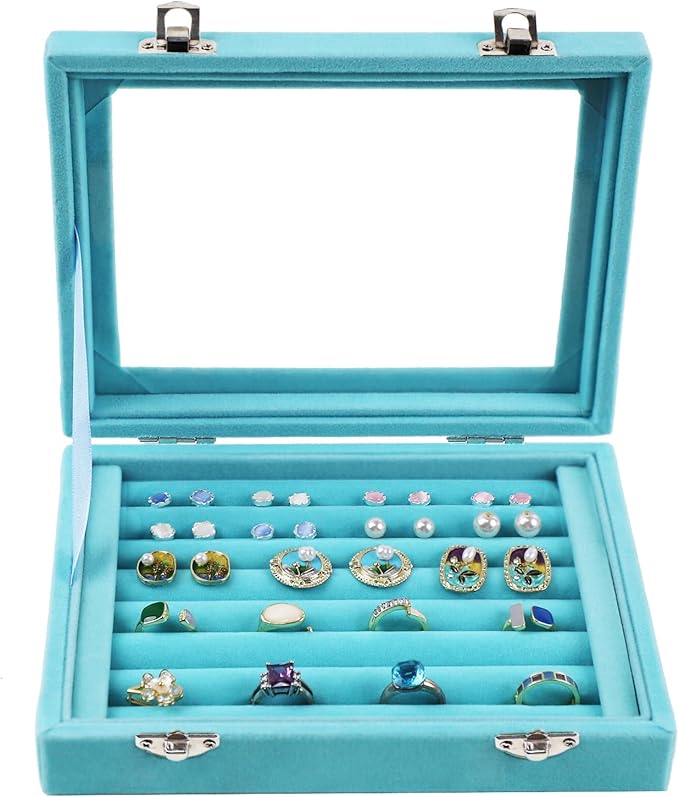 Jewelry Box Rings Organizer Tray 7 Slots Velvet Jewelry Earring Storage Box With Transparent Lid Jewelry Display Case for Girls Women (Light Blue)