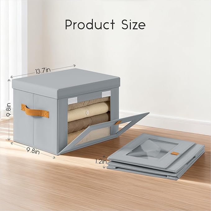 Homsorout Small Fabric Storage bins - Collapsible Storage Bins with Open Window, 4 Pack Closet Baskets for Shelves, Stackable Decorative Boxes for Home, Dorm, Grey, 13.7"x 9.8" x 9.8"
