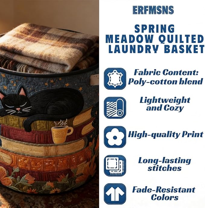 Cat Quilted Laundry Basket - 18"/22"/28", 2026 Large Quilted Cat Laundry Basket with Handles, Cozy Cat Fabric Storage Hamper for Nursery, Bedroom, Laundry Room, Clothes & Toys (3, M 16"X22")