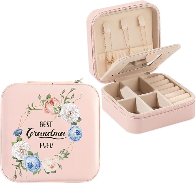 Grandma Gifts Best Grandma Ever Jewelry Box Valentines Mothers Day Christmas Birthday Gifts for Grandmas Granny Nana Mimi Gigi Grandmother Gift Pink Portable Travel Jewelry Case Organizer