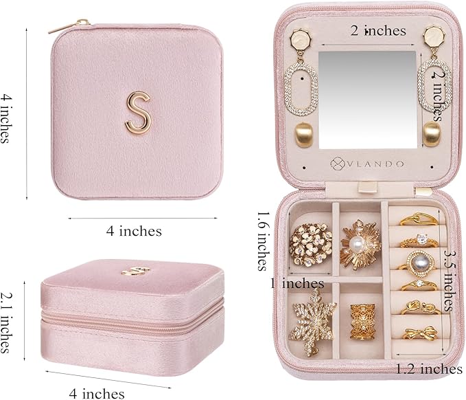 Vlando Small Travel Jewelry Box Organizer Display Case for Rings Earrings Necklaces Storage, Selected Soft Velvet, Letter S Engraved, Pink