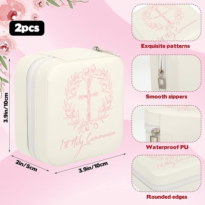 2 Pcs First Communion Travel Jewelry Box, Small Zippered Jewelry Case with Soft Lining, White Square Keepsake Box for Rings Earrings Necklaces, Religious Keepsake Gift for Baptism or Wedding(2, White)