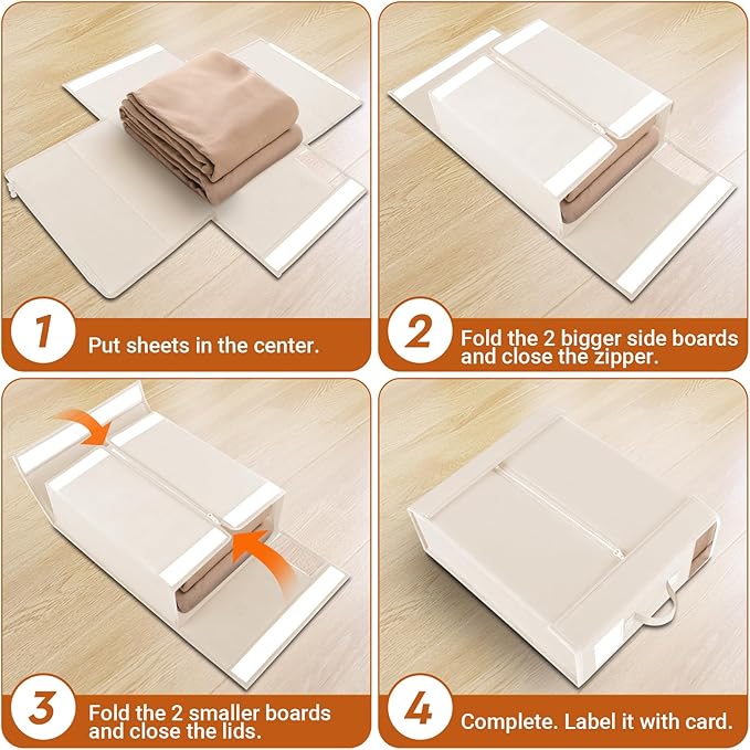 StorageTastic 4 Pack Bed Sheet Closet Organizers and Storage,Sturdy Foldable Storage Containers with Window and Label,Storage and Organization for Bedding Sheets,Duvet Covers,Blankets (Beige)