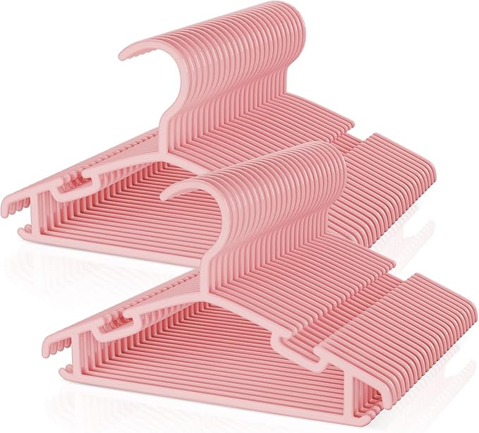 VILICK Kids Plastic Hangers, Baby Clothes Hangers for Closet 50 Packs Non-Slip Toddler Hangers for Infant Child Clothing for Pants Coats Skirts (Pink)