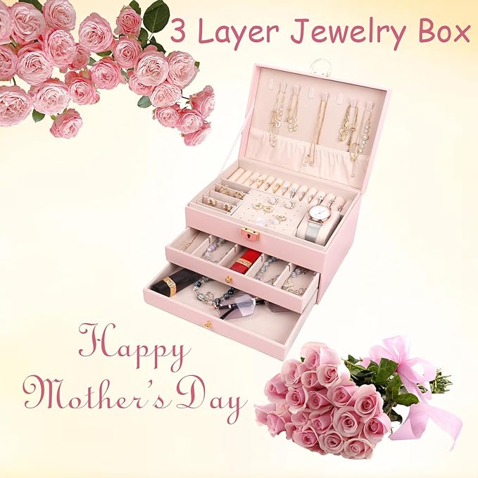 3 Layer Jewelry Box for girls, Lockable Jewelry Organizer for Necklace Earring Ring Bracelet Watch, PU Leather Storage, Pink