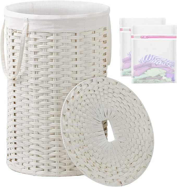 SETVSON Large Laundry Hamper Laundry Basket Round 34.3 Gal (130 L) Handwoven Wicker Laundry Baskets Rattan Laundry Basket with Laundry Bag Handles 2 Mesh Bags for Living Room Bedroom White