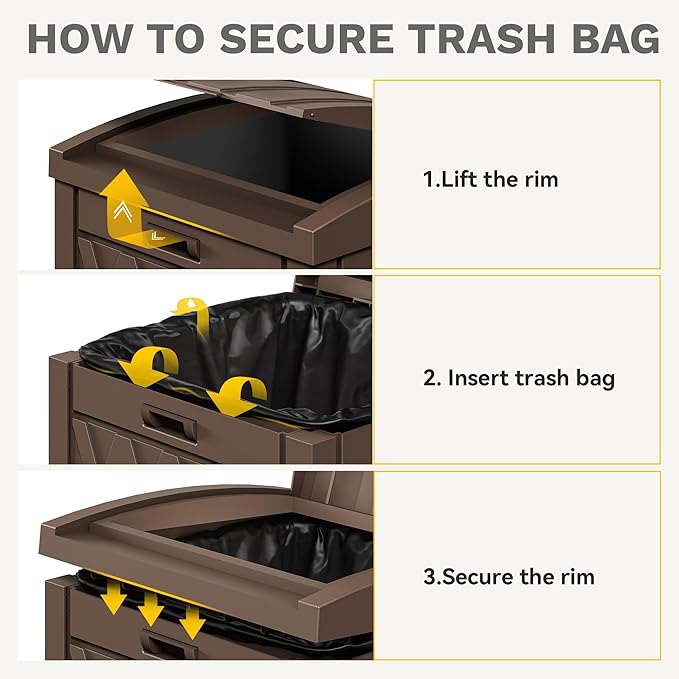 DWVO 36-Gallon Outdoor Trash Can with Fabric Bag, Tiered Lid & Drip Tray, Waterproof Resin Garbage Bin for Patio, Deck, and Backyard, Dark Brown
