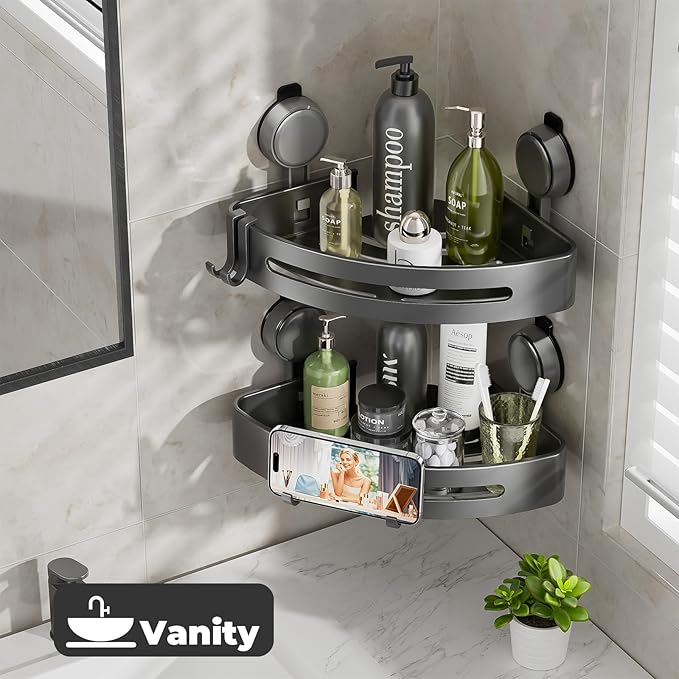 ONXE Corner Shower Caddy Suction Cup,Shower Shelves with Hooks,No Drilling Powerful Upgrade Suction Bathroom Corner Organizers and Storage,Removable Waterproof Rustproof Shower Shelf Bathroom Decor