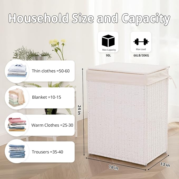 OIAHOMY Laundry Hamper with Lid, 90L(23.8 Gal) Large Wicker Laundry Basket for Bedroom, Handwoven Paper Rope Clothes Hamper with Washable Liner & Metal Frame, Decorative Organizer for Bathroom White