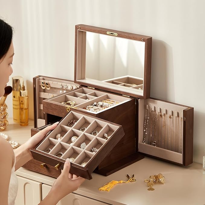 Black Walnut Wooden Jewelry Box, Wood Jewelry Organizer with 2 Side Doors Mirror Lockable Classical Style for Watch Necklace Ring Earring Storage Mothers Day Gifts for Mom-4 Layer