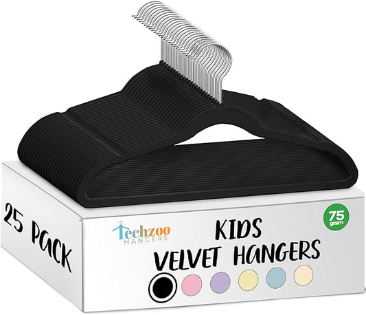 TechZoo 25 Premium Kids Velvet Hangers - 14" Non-Slip Clothes Hangers for Kids & Preteens - Ultra Slim, Space-Saving, Strong & Durable Hangers with 360° Swivel Hook - Black