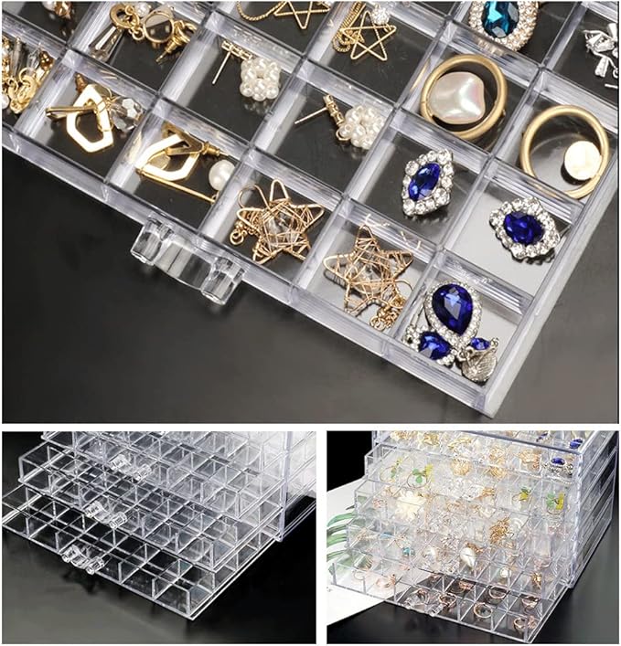 QIYUSHRY Earring Storage Box Acrylic Jewelry Storage Holder Ring Clear Plastic Transparent Jewelry Display Stand with 5 Drawers 120 Small Compartment Tray for Women Girls