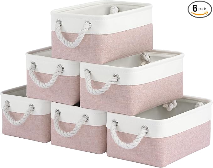 Storage Baskets for Shelves 11.8x7.9x5.2 Inch, Foldable Fabric Storage Bins with Handles, Small Storage Baskets for Organizing Closet, Office, Home Organization (6-Pack, White&Pink)