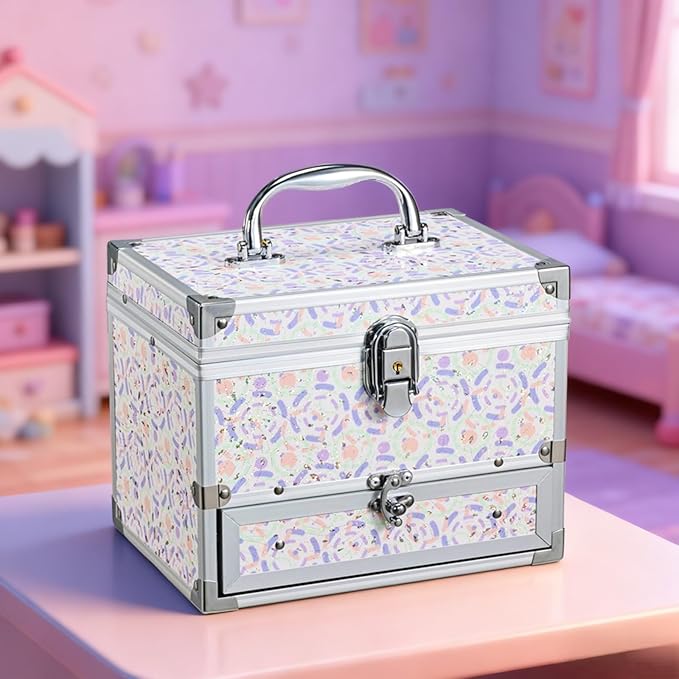 Hododou Girls Jewelry Box Organizer with Drawer & Mirror, Shiny Pink Style Lockable Storage Case for Kid or Little Girls Jewelry and Hair Accessories Lilac