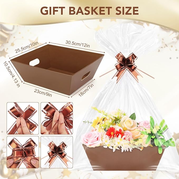 AFOROEOA 20PACK Baskets for Gifts Empty, 12x10x4” Thick Brown Gift Basket with Handles, 20 Bows & 20 Bags - Empty Gift Baskets for Christmas, Thanksgiving, Wedding, Birthday Party, Wrapping Gifts