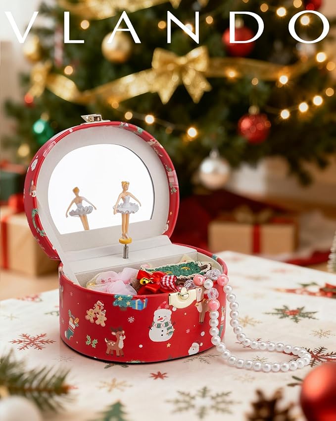 Vlando Christmas Gifts for Girl, Musical Jewelry Box for Girls, Small Kid Music Box with Ballerina for Party Bedroom Decor, Gifts for Girls Kids - Christmas Red