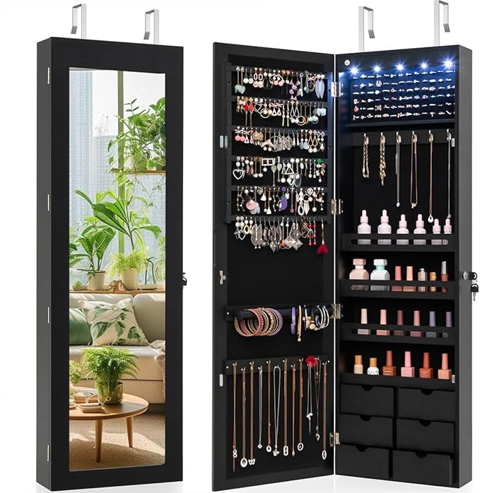 Giantex Wall Door Mounted Jewelry Cabinet with Full Length Mirror, Lockable Over Door Jewelry Armoire with LED Lights, 47.5" Large Jewelry Storage Organizer with 6 Drawers, Black