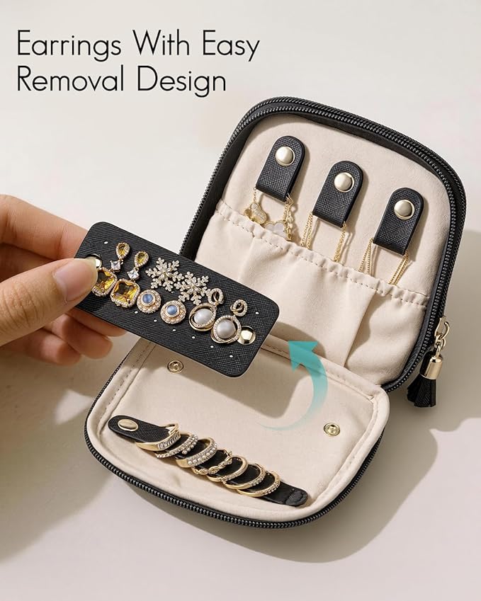 VLANDO Travel Jewelry Case,2-Layer Jewelry Organizer for Travel,Mothers Day Mom Gifts Teacher Gift,Multi-Compartment Jewelry Storage for Rings Earrings Necklaces Bracelets-Black