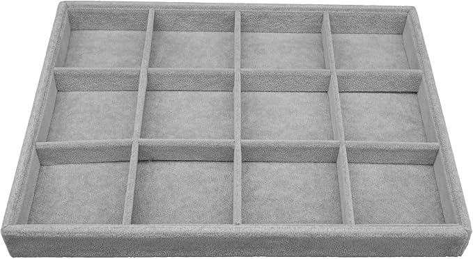 Large Velvet Jewelry Tray, Drawer Organizer for Jewelry in Dresser, Stackable Jewelry Drawer Organizer Inserts for Earring Necklace Bracelet Rings(Grey,12grid)