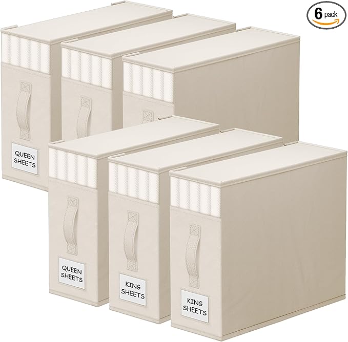 StorageTastic 6 Pack Bed Sheet Closet Organizers and Storage,Sturdy Foldable Storage Containers with Window and Label,Storage and Organization for Bedding Sheets,Duvet Covers,Blankets (Beige)