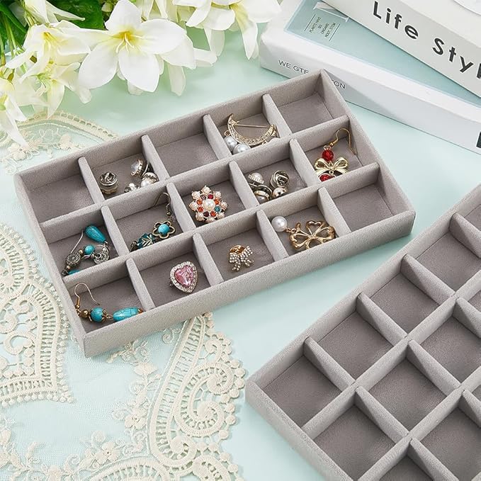 2Pcs 5 x 8.3 Inch Jewelry Drawer Inserts Velvet Jewelry Tray Gray 15 Grids Dresser Earring Drawer with Removable Divider Necklace Organizer Storage Container for Bracelet Ring Watch Display