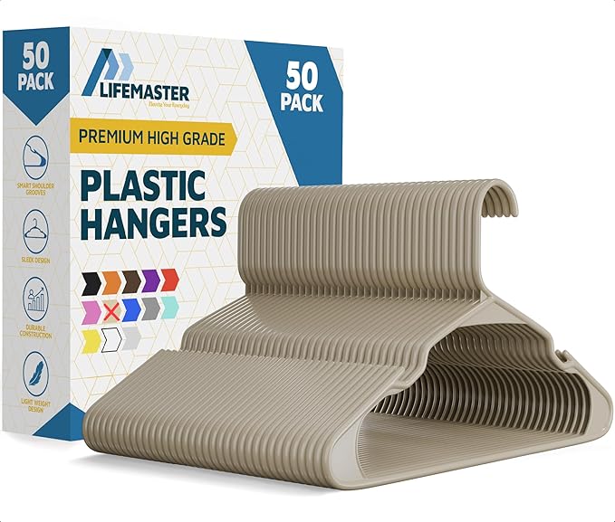 Lifemaster Plastic Clothes Hangers – Heavy Duty Hanger Set, for Organizing Clothes, Dresses, and Coat, Holds Up to 5 lbs, Space-Saving Hangers with Non-Slip Shoulder Grooves, Pack of 50, Ivory