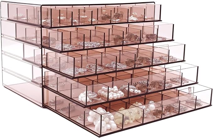 Clear Pink Acrylic Jewelry Storage Box, Earring Jewelry Organizer with 5 Drawers, 5-Layer Jewelry Box for Women, Earring Display Holder for Earrings Ring Bracelet Necklace, 120 Grid Storage Box