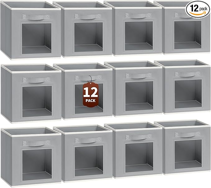 Homsorout Foldable Storage Cubes - Cubby Storage Organizer with Window, Decorative Baskets for Organizing, Fabric Bins for Clothes Storage, Closet Storage Cubes 11inch, Set of 12, Grey