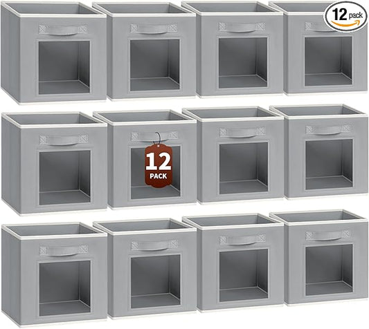 Homsorout Foldable Storage Cubes - Cubby Storage Organizer with Window, Decorative Baskets for Organizing, Fabric Bins for Clothes Storage, Closet Storage Cubes 11inch, Set of 12, Grey