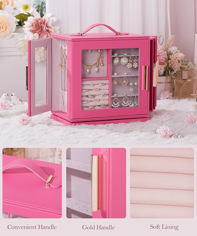 Homde Jewelry Box 360° Rotating, Necklace Earring Organizer with Transparent Window, Mirror, 7 Drawers, Large Ring Display Storage Case for Girls Women (Pink)