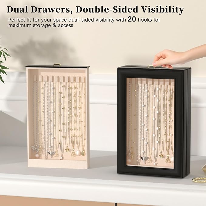 Necklace Organizer Box - 2-Layer Double-Sided Clear Lid Jewelry Storage Case, Anti-Tangle Necklaces Display Holder for Pendants Bracelets, Jewelry Organizer for Women Girls (Black)