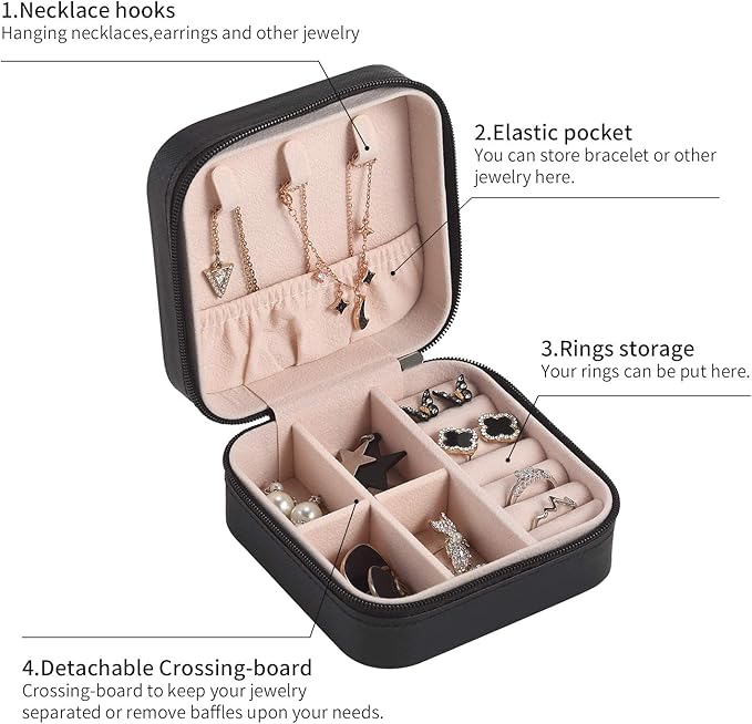 Mini Jewelry Travel Case,Small Travel Jewelry Organizer,Travel Portable Jewelry Case for Ring, Pendant, Earring, Necklace, Bracelet Organizer Storage Holder Boxes (Black)