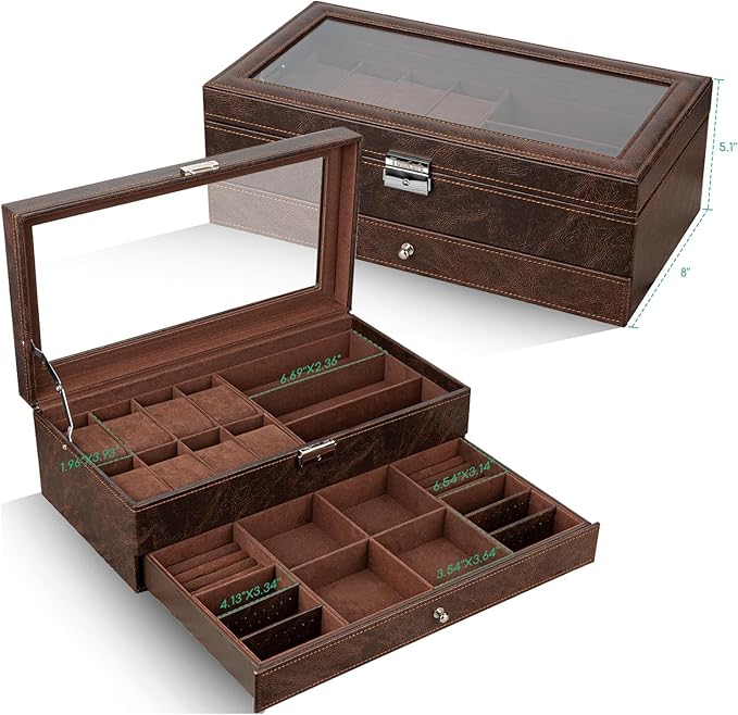 TomCare Watch Box 2-Tier Watch Case Jewelry Organizer Box with Thick Glass Lid Lockable Watch Organizer Jewelry Display Holder Sunglass Rings Necklaces Bracelets Storage Organizer for Men Women,Brown
