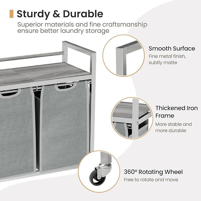 SwaaVee Laundry Hamper, Laundry Basket, Laundry Sorter with 3 Removable Bags, Clothes Basket with 3 Compartments, Wheels, Shelf for Laundry Room Bathroom Bedroom (2 Bags-Gray)