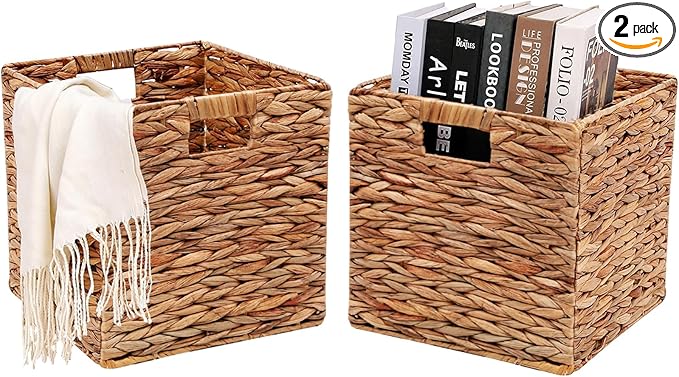 11x11in Wicker Storage Basket Set of 2 Collapsible Hyacinth Cube Storage Baskets,Storage Bins for Organizing Storage Basket with Built-in Handles