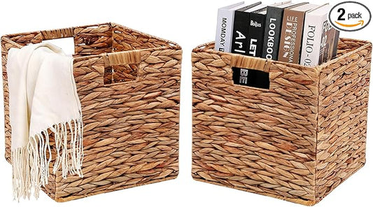 11x11in Wicker Storage Basket Set of 2 Collapsible Hyacinth Cube Storage Baskets,Storage Bins for Organizing Storage Basket with Built-in Handles