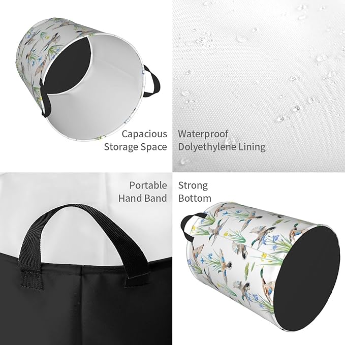 Laundry Basket Watercolor Mallard Duck Room Decor,Round Laundry Hamper Waterproof Dirty Clothes Hamper Collapsible Laundry Baskets With Handles,Toy/Clothes Storage Basket For Home Dorm Bathroom Decor