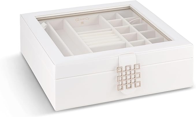 Glenor Co 28 Section Jewelry Box - 2 Layer - Buckle Snap & Magnet Closure - Large Glass Top - Leather Design - White - Jewelry Organizer for Women & Girls - for Earring Ring Necklace & Bracelet