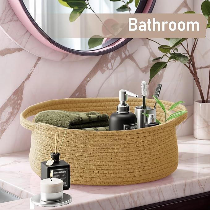 JMvicyroam Woven Basket,Small Rope Storage Bin with Handles & Ribbon Bag, Organizer for Shelves Closets,Gift Basket Empty for Birthday,Books,Dog Toys, Jute