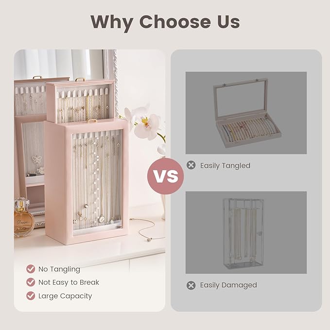Lolalet Upgraded Double-Sided Hanging Necklace Organizer Box, Jewelry Display Case with Double-Sided Clear Window for Necklaces Bracelets, Tangle-Free Necklace Storage Box, Mothers Day Gift