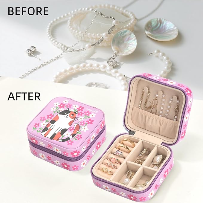 shunmei Mini Travel Jewelry Box,PU Leather Portable Jewelry Organizer Case,Art Accessories Storage Holder Boxes for Earring, Necklace, Rings, Bracelets (Pink Cat)
