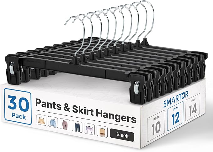 Smartor Pants Hangers - 30 Pack, Black Clips Hangers with 360° Hooks, Shorts Hanger with Strong Clamps, Dress, Heavy Duty as Trousers, Skirt, Jeans, Towel and Bottom Clothes -12 Inch