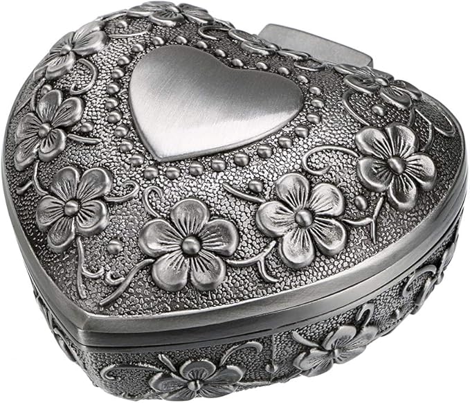 Hipiwe Vintage Heart Shape Jewelry Box - Small Antique Ring/Earrings/Necklace Storage Organizer Case, Metal Treasure Chest Trinket Keepsake Gift Box for Women