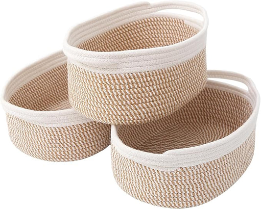 JMvicyroam Woven Basket,Small Rope Storage Bin with Handles & Ribbon Bag, Organizer for Shelves Closets,Gift Basket Empty for Birthday,Books,Dog Toys, White&Brown Block/3 Pack