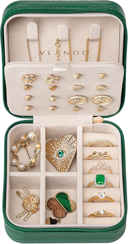 VLANDO Travel Jewelry Case, Small Travel Jewelry Organizer Box for Girls Women - Dark Green