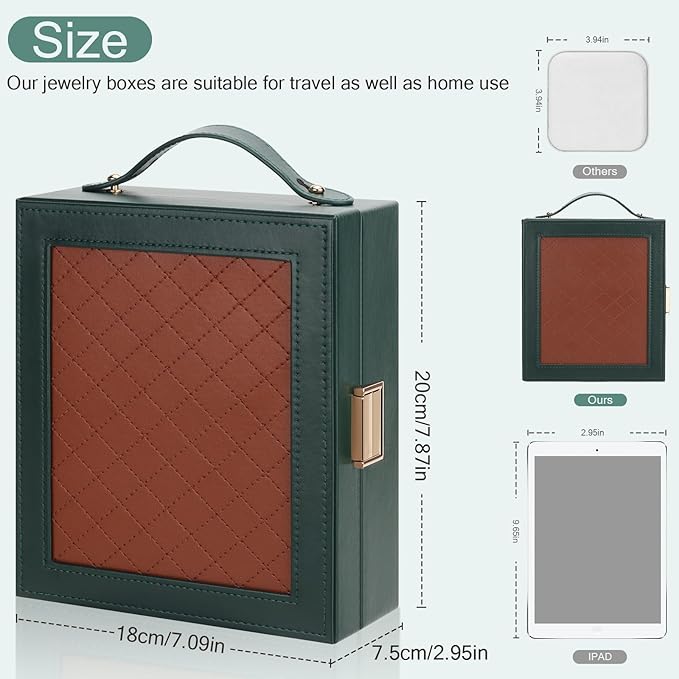 DesignSter Travel Jewelry Case for Woman, Portable Jewelry Travel Box with Mirror, PU Leather Small Jewelry Organizer with Handle for Rings Earrings Bracelets Necklaces(Dark Green & Brown)