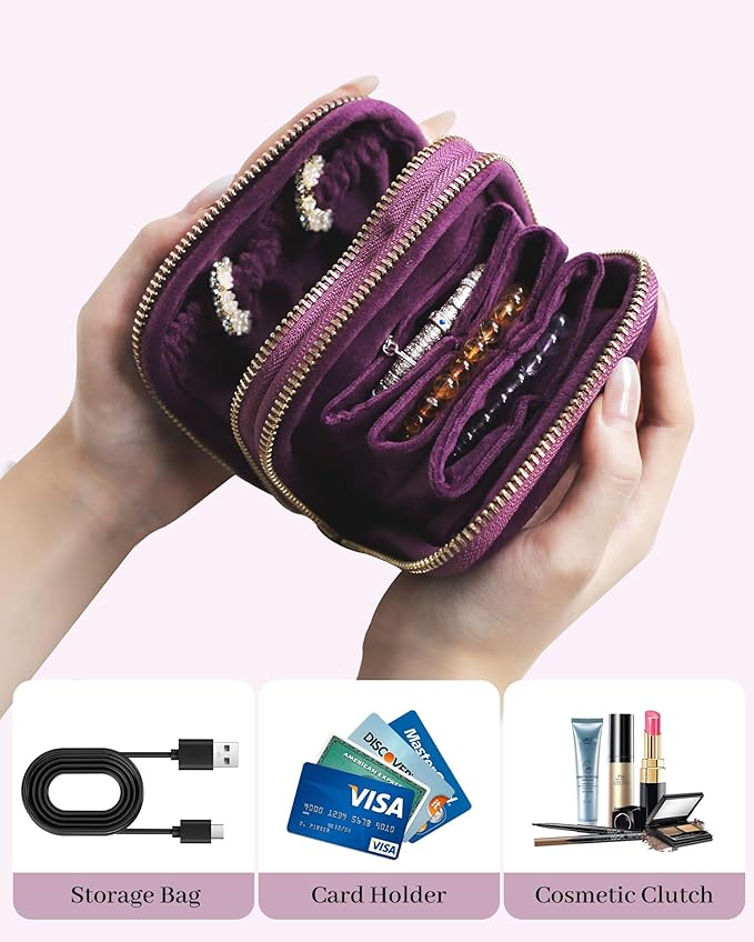 Stratalife 2-Layer Travel Jewelry Case Organizer Compact Storage Bag for Rings Earrings Necklace Bracelet Portable Velvet Jewelry Pouch with Zippers Accessories Travel Essentials Gift for Women Purple