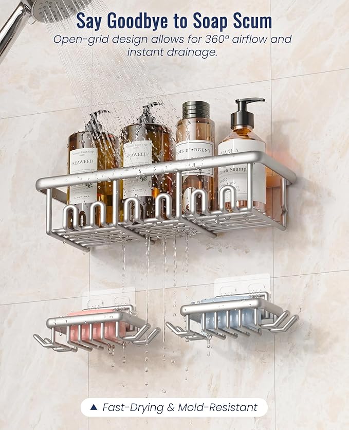 8 Pack Adhesive Rustproof Shower Shelves with Soap Dishes, Toothbrush Holder & Hooks, Large Capacity No-Drilling Shower Shelves Rack for Bathroom Organizers and Storage Accessories, Silver