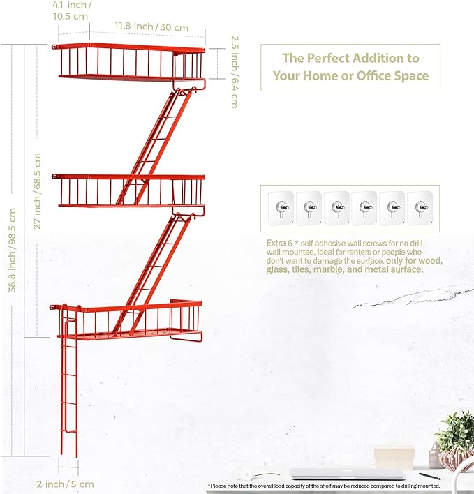 SweetSage Fire Escape Wall Shelf Red - New York Wall Art Decorative Figure Display Floating Shelves Metal Racks for Living Room, Home Office Storage (3-Tier)